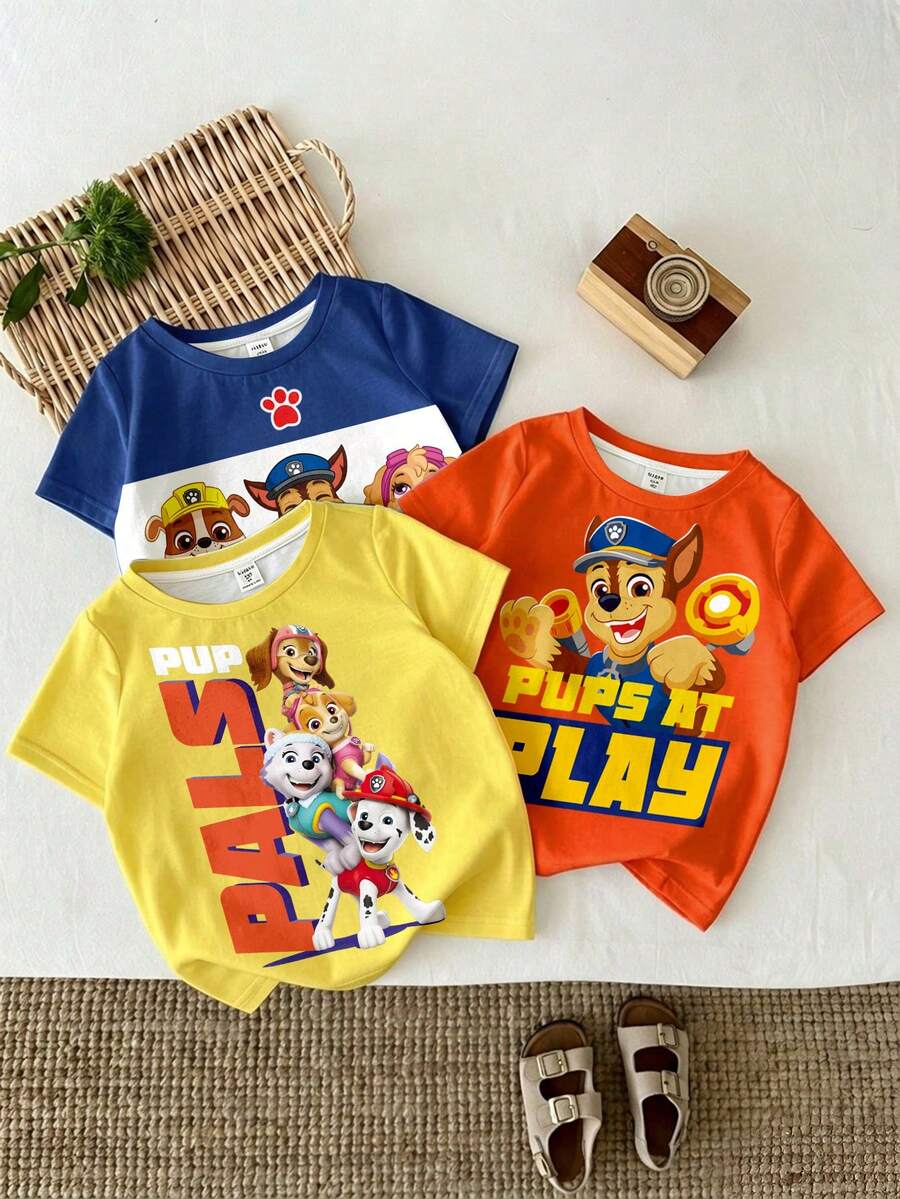 SHEIN | PAW Patrol 兒童小男孩圓領字母卡通圖案休閒百搭日常外出短袖T恤 3件/組 - 彩色 - 查看 1