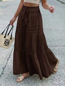SuriyaCove Women's Solid Color Drawstring Waist Pleated Casual Versatile Daily Outing Skirt - Brown - View 1