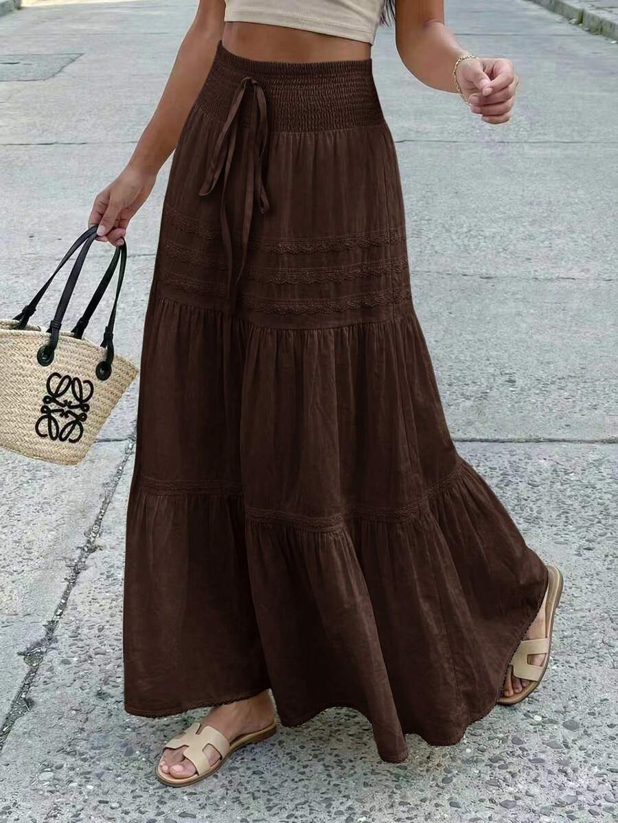 SuriyaCove Women's Solid Color Drawstring Waist Pleated Casual Versatile Daily Outing Skirt - Brown - View 1