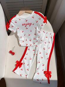 SHEIN Baby Girl Knit Cherry Pattern Crew Neck Ruched Casual T-Shirt And Long Pants 2pcs Set - Multicolor - View 3