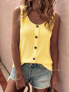 SHEIN LUNE Women's Solid Color Round Neck Button Design Casual Versatile Tank Top - Yellow - View 4