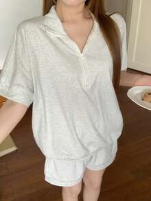 DAZY Summer Old Money Sporty Style Minimalist Casual Knit Women's Loungewear Set Pajamas - Grey - View 4