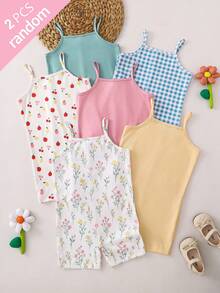 [6pcs Randomly Send 2pcs]Girls Toddler Comfortable Sweet Cute Printed Knit Camisole Romper - Multicolor - View 3