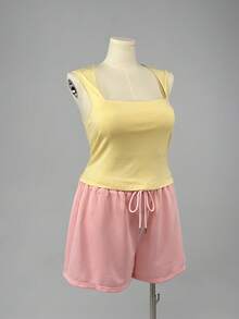Sweetra Plus Size Wide Strap Square Neck Cinched Cinched Waist Tank Top Wide Leg Drawstring Sports Shorts 2pcs Set Vacation Summer Butter Yellow Pink - Multicolor - View 4