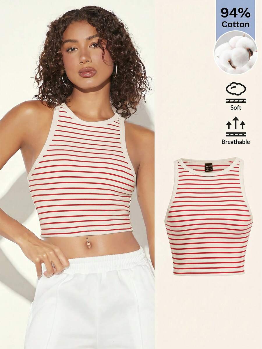 SHEIN BASICS Women's Striped Colorblock Fitted Versatile Daily Outing Top - Red - View 1