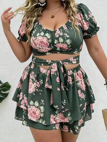 Vionelle Conjunto casual diário de 2 peças para mulher plus size com top plissado e saia-calça com estampado floral - Verde escuro - Ver 1