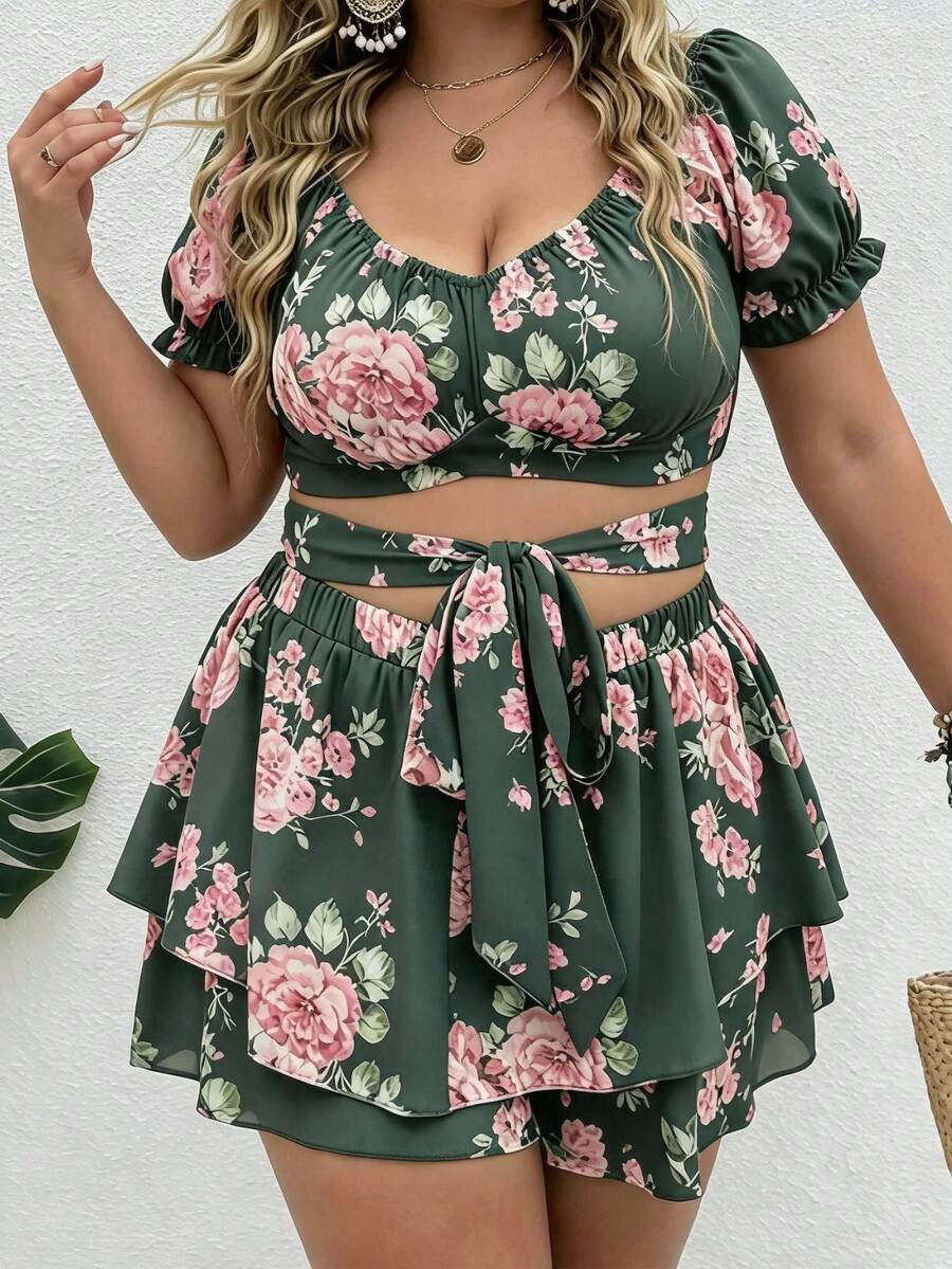 Vionelle Conjunto casual diário de 2 peças para mulher plus size com top plissado e saia-calça com estampado floral - Verde escuro - Ver 1
