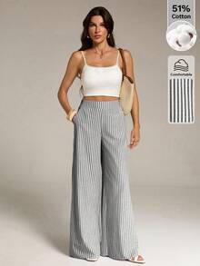 Pantalones rectos de cintura alta cómodos a rayas para mujer alta, primavera/verano - En blanco y negro - Ver 5