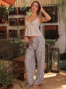 juhmazzocco Women's Vacation Seaside Casual Elegant Shells And Starfish Stripes Pattern Low Waist Striped Print Casual Straight Leg Pants, Versatile For Spring And Summer,For Daily,Street Chic, - Blue and White - View 1