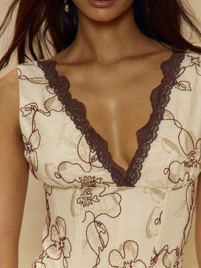 MUSERA Cream Linen Feel Embroidered Corset V-Neck Top