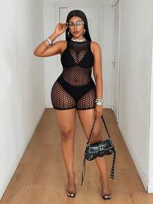 Maweii Women's Plus Size Hollow Design Sleeveless Sexy Romper Halloween Date Night Girls Night Black Summer - Black - View 6