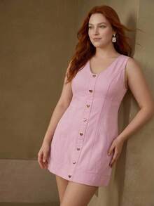 MOTF PREMIUM PLUS SIZE ELEGANT HEART BUTTON DECOR PINK DENIM DRESS - Pink - View 4