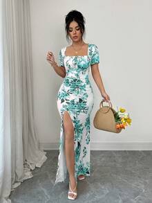 Rafferiza Women's Summer Short Sleeve Dress Digital Print Vacation Dress Beach Holiday Dress Hem Slit Waist Gathered Long Dress - Mint Green - View 5