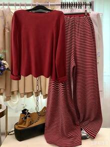 GlowEve CURVE Plus Size Knit Solid Color Cardigan With Front Button Closure, Striped Slim Fit Camisole Decor, Drawstring Detail, Elegant Casual Commute Daily Outing Long Pants - Burgundy - View 2