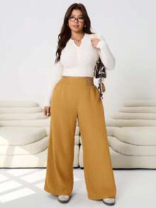 Solflare New Casual Loose Fit Plus Size Trousers, Linen Look Fabric, Elastic Waist With Gathered Detail, Mustard Yellow, Suitable For Outings, Holiday, Summer - Light Yellow - View 5