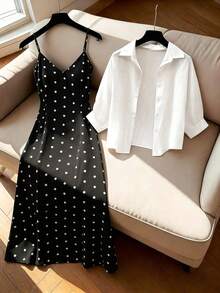 Velvienne Plus Size Woven Casual Polka Dot Summer Women's Two Pieces Set - Multicolor - View 3