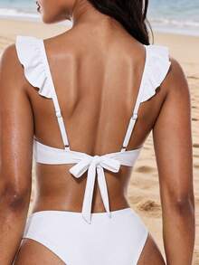 Swim Basics 新款歐美女款性感時尚極簡純色荷葉邊抓皺深V露背綁帶上衣 - 白色 - 查看 2
