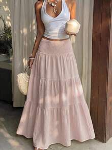 Sunnyshic Women's Spring/Summer Casual Vacation Fashion Streetwear Daily Island Low Waist Shirred Skirt - Dusty Pink - View 1
