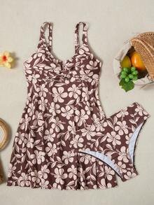 Swim Lushoire Women's Vacation Party Pool Party Beach Textured Multi-Color Print Fabric Wide Strap Swimsuit One-Piece Swim Dress Brown And Turquoise Summer Tropical - Multicolor - View 2