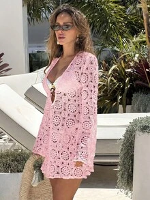 Bonvoyette Women's Solid Color Lace Hollow Long Sleeve V-Neck Beach Vacation Cover-Up - Pink - View 4