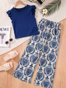 Conjunto para niñas con top de cuello redondo y mangas volantes de textura acanalada suave, combinado con pantalones de pierna ancha con estampado barroco de porcelana azul y blanca, mismo esquema de color para un aspecto de alta gama y armonioso, top corto + pantalones de cintura alta, crea fácilmente una proporción corporal 3:7, tono azul refrescante y brillante - Azul - Ver 3