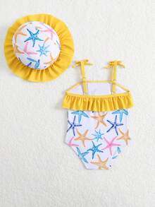 SHEIN Baju Renang Terusan Bayi Perempuan Baru Lahir dengan Tali Bahu Tipis dan Hiasan Pita, Plus Topi, Motif Pantai yang Lucu - Kuning - View 4