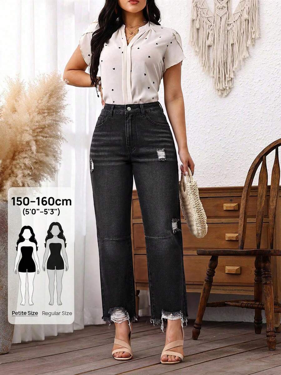 SHEIN PETITE 女款時尚百搭口袋鈕扣磨損毛邊牛仔褲,適合嬌小女性 - 黑色 - 查看 1