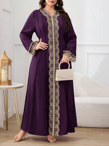 Al Najma 大码女士优雅拼接刺绣收腰阿拉伯风格派对连衣裙，春秋季 - 紫色 - 查看 6