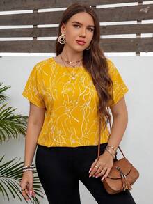 SHEIN LUNE Plus Size Artistic Line Drawing Round Neck Pullover Shirt - Yellow - View 4