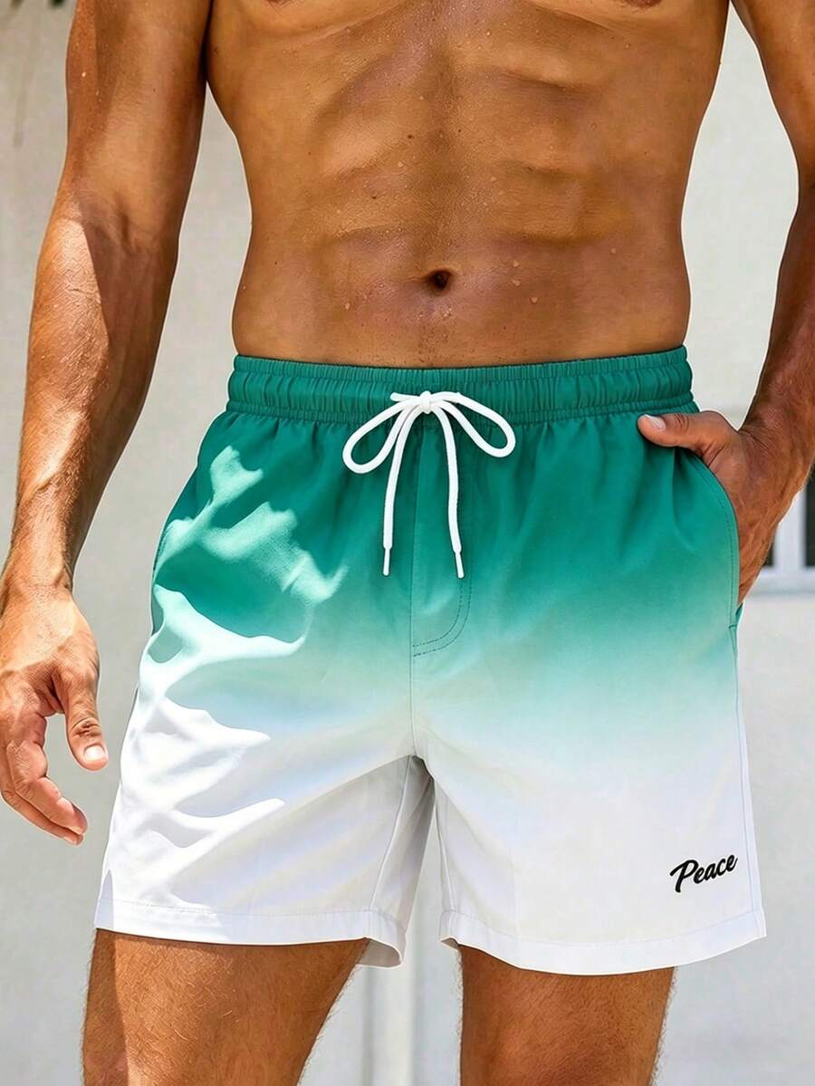 Manfinity Swimmode Men's Drawstring Waist Pocket Gradient Color Casual Vacation Beach Shorts, Holiday - Dark Green - View 1