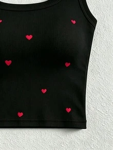 INAWLY 2pcs/Set Casual Fitted Heart Print Square Neck Tank Top & Shorts Pajama Set,Summer,Holiday - Black - View 5