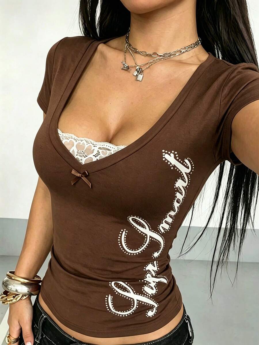 StreetHx Streetwear Summer Women's Letter Print Rhinestone Short Sleeve T-Shirt - Rust Brown - View 1