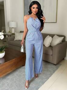 Vavine Women's Casual Tropical Blue And White Stripe Striped Fabric Backless Beaded Design Waist Button Tie Jumpsuit Beach Vacation Summer - Blue - View 6