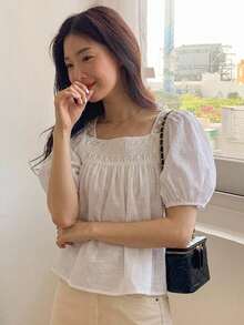 DAZY Blus Lengan Mengembang Warna Polos Kasual Musim Panas - Aprikot - View 5