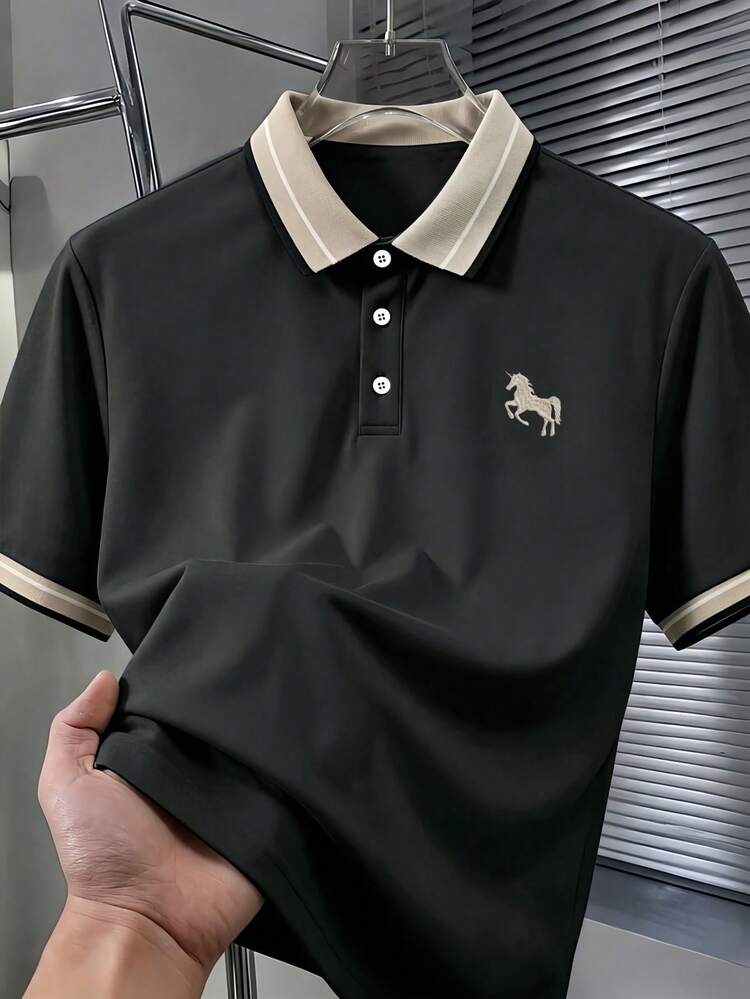 Calvornis Men's Pearl Ribbed Collar Embroidered Short Sleeve Casual Polo Shirt - Dark Grey - View 1