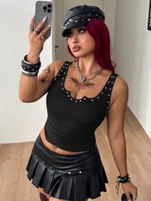 Coolane Women's Plus Summer Streetwear Sexy Going Out Concert Cocktail Goth Y2K Vintage Daily Wear Punk Rivet Stretchy Black Tank Tops - Black - View 7