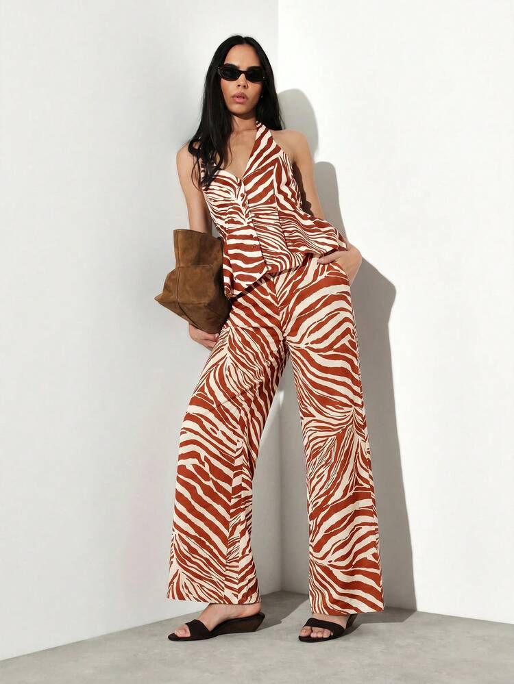 KSTM Wide Leg Zebra Print Palazzo Pants With Belt Loops High Waist Flared Trousers Spring Summer