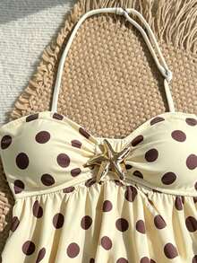 SHEIN Tween Girls Tankini Set, Knit Yellow Polka Dot Print With Metallic Star Decor, Halter Neck Ruffle Swimsuit, Beach Vacation - Yellow - View 3