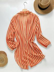 Swim SXY Women's Spring/Summer Burnt Orange Striped Jacquard Fabric Cover Up Shirt Collar Kimono Beach Vacation Pool Party Boho Tropical Breezy - Orange - View 5