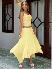 MainGRL Women's Solid Color Casual Versatile Date/Travel A-Line Skirt - Pale Yellow - View 4