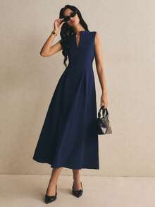 Poéselle Women's Solid Color Zipper Design Sleeveless Elegant Long Dress Office Tea Party Dinner Date Navy Blue Summer Teachers' Day - Navy Blue - View 6