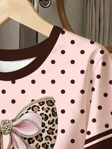 SummerOutfit 春夏秋季青少年女孩時尚創意粉色底圓點直條紋粉色拼接豹紋亮片蝴蝶結圖案印花休閒風基本款短袖T恤與短褲套裝 - 彩色 - 查看 4