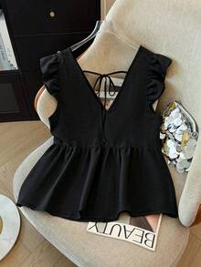 GlowEve CURVE Women's Plus Size Hooded Print Chiffon Blouse, Casual Open Front Vacation Style, Versatile Choice For Spring, Autumn And Summer - Black - View 2