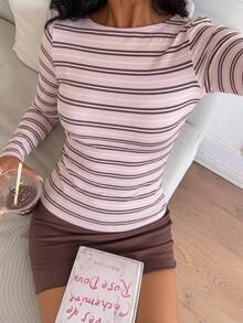 CovetEZ 女款粉色條紋T恤，修身短袖休閒基本上衣，夏季都市度假復古Y2K風格，柔軟少女/純真女孩風 - 彩色 - 查看 4