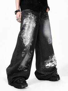 ROMWE MEN Jeans rectos de ajuste holgado con estampado lavado de peso pesado para hombres - Negro - Ver 5