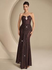 Coutiva Women's Elegant Sequin Pleated Mermaid Formal Evening Gown,Heavily Embellished Strapless Bodycon Party Dress,Luxury High-End Wedding Graduation Dress - Brown - View 4