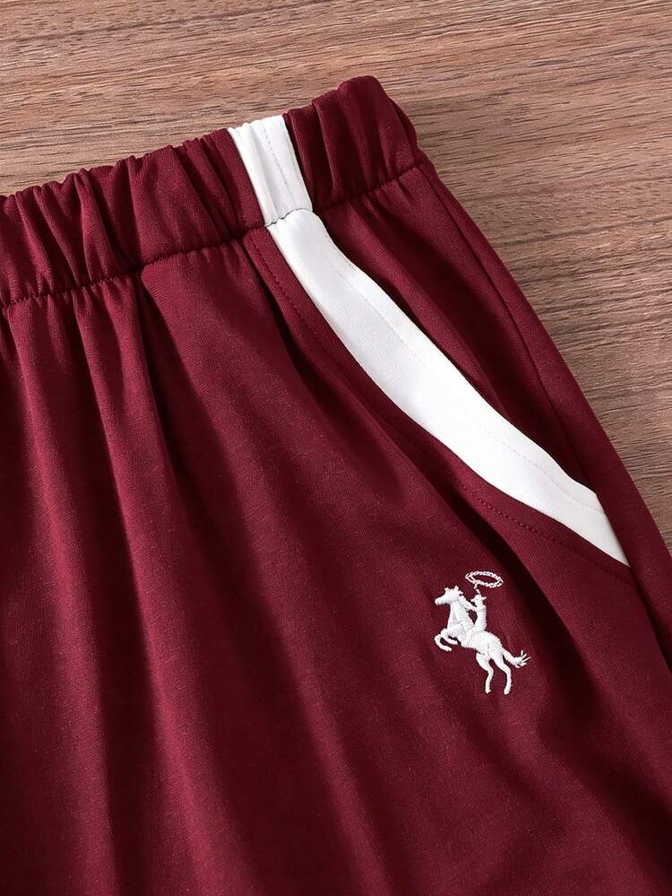 SHEIN One Piece,Short Sleeve,Casual,Offset Print,Spring And Summer,Teen Girls' Summer Commuting Set, Sporty And Casual Straight-Leg Pants, Short-Sleeved Lightweight And Comfortable Two Pieces Set. - Burgundy - View 6