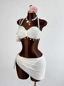 INAWLY Sexy Tropical Halter Neck Swimsuit For Women Beach Vacation White Summer - Apricot - View 5