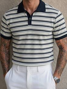Manfinity CasualCool 男士夏季休閒條紋短袖 Polo 衫，海軍藍與白色老錢風，日常休閒，禮物派對度假假期，儀式 - 彩色 - 查看 6