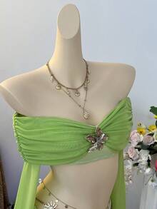 Noixe Women's Metal 3D Flower Decor Shoulder Top And Skirt Fashion Disco Sexy Two Pieces Set Club Party Rave Lime Green Autumn Light Green - Green - View 7